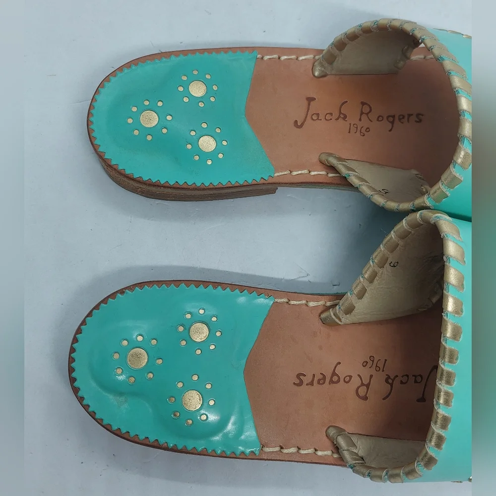 Jack Rogers Sandals Embroidered Pineapple Turquoise Leather Women's Size 9